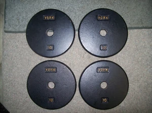 vtg YORK BARBELL 10lb. PANCAKE PLATES BodyBuilding STRONGMAN Fitness DUMBBELLS** - Picture 1 of 2