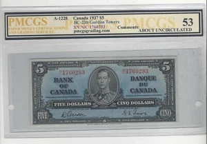 1937 Gor/Tow $5 Note BC-23b ;PMCGS AU-53 SN# N/C 1760293  - Picture 1 of 2