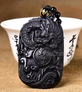 Natural Black Obsidian Pendant Chinese Unique Dragon Amulet Lucky Necklace Gift - Picture 1 of 8