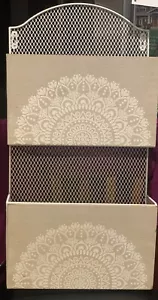 Hanging Wall File Organizer Holder 2 Pocket Metal Mandala Design White Wash Wood - Picture 1 of 2