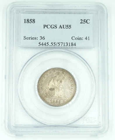 1858 PCGS AU55 Seated Liberty Quarter Great Eye Appeal Cover
