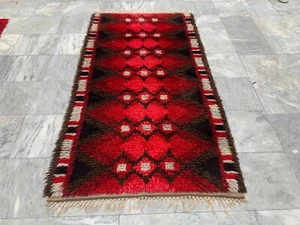 Vintage Swedish Scandinavian Rya Floral Fluffy Bedroom Rug Soft  Rug 172x92 cm - Picture 1 of 8