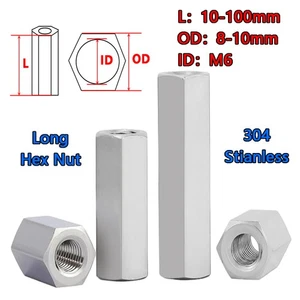 M6 A2 Stainless Steel Sleeve Rod Bar Stud Hex Connector Tube Long Nut 10mm-100mm - Picture 1 of 17