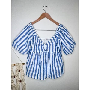 Vineyard Vines Blouse Blue White Stripe Peplum Jacquard Smocked Nautical size M - Picture 1 of 6