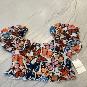 Show Me Your Mumu Bluse Lila Cropped Ballonärmel Schmetterlingsmuster Gr. XXL - Bild 1 von 6