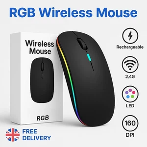 RGB LED Wireless Mouse Rechargeable Silent USB Optical Mice for PC Laptop UK - Picture 1 of 11