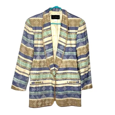 Harris Wallace Jacket Womens Small Blue Beige Button Shoulder Pads Lined Blazer - Image 1 of 4