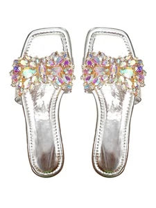 's Rhinestone Clear Flat Sandals Square Toe Slides Sparkle Transparent Sandal... - Picture 1 of 5