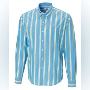 NWT Cutter & Buck Button-Down Shirt Small Blue Green White Stripe 100% Cotton - Picture 1 of 10