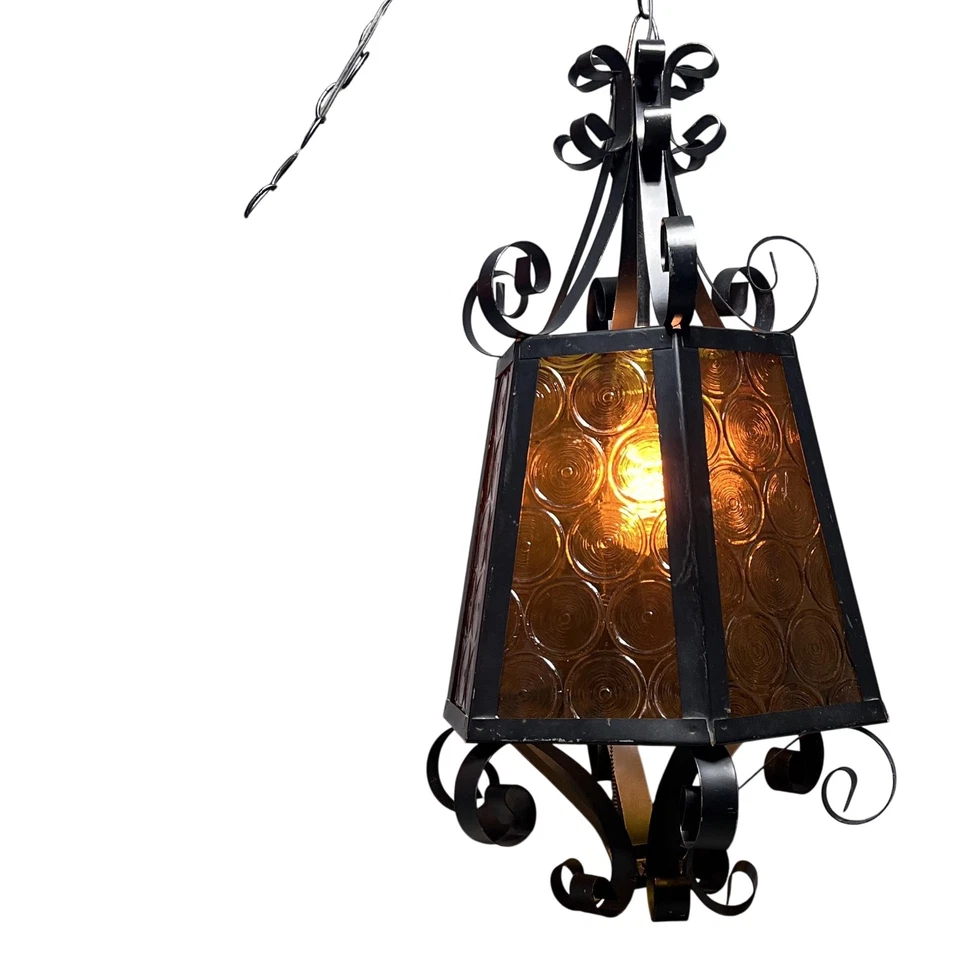Lámpara Colgante Swag Ámbar De Colección Hierro Forjado Pergamino Luz Española 26" Alto Foto 1 de 4