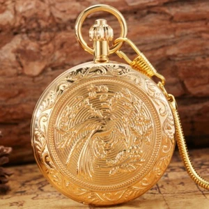 Men's Self Winding Brass Pocket Watch Bird Design Fob Watches with Snake Chain - Picture 1 of 9