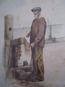 DESSIN ANCIEN 3 PECHEUR OCEAN ATLANTIQU MARINE BATEAU PORT JULES DESPRES AQUAREL - Imagen 1 de 11
