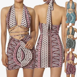 TheMogan Junior's Halter Neck Bodycon Mini Dress Sexy Cutout Tie-Neck Boho Print - Picture 1 of 32