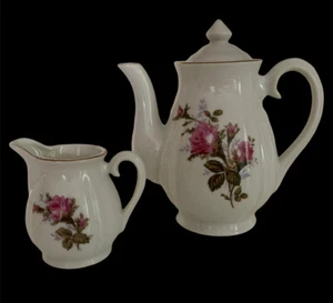 Vintage Moss Rose Ceramic Coffee Or Tea Server with Creamer Japan Gold Trim - Picture 1 of 11