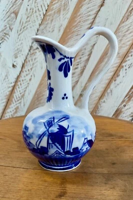 Vintage Delft Porcelain Blue White Miniature 12cmJug Vase Hand Painted Windmill  - Image 1 of 3