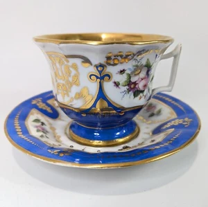 Tazza e piattino oversize in porcellana Vieux Paris oro pesante, blu francese dipinto a mano - Foto 1 di 15