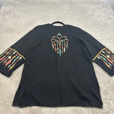 Cárdigan Suéter Bob Mackie Bordado Para Mujer XL Negro Plumas Tribal Western Foto 1 de 4