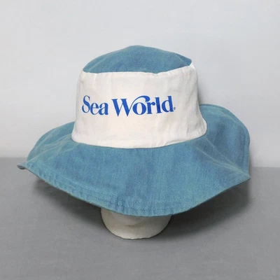 De colección 1980 Sea World Floppy Sun Sombrero Denim Azul y Blanco Adulto Talla Única Para Todos Foto 1 de 4