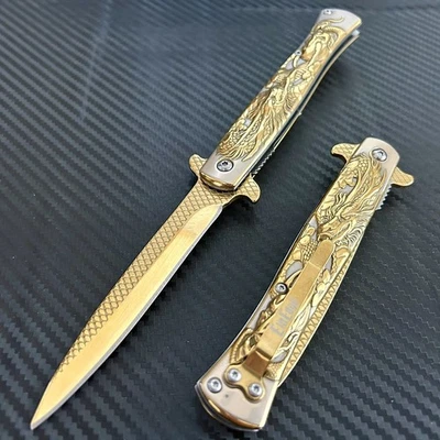9” Gold Dragon Knife Spring Assisted Open Blade Folding Pocket Knife Hunting - Image 1 of 4