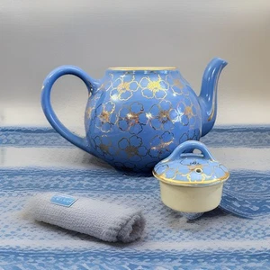 Vintage Teekanne Hall French Flower Cadet Gold Dekor Blau Made In USA 1920er - Bild 1 von 6