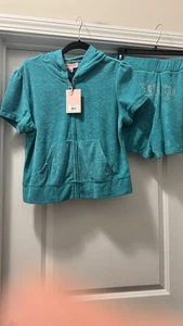 Sudadera con capucha y pantalones cortos Juicy Couture Terrycloth Coastal Teal manga corta, talla L nueva con etiquetas - Imagen 1 de 7