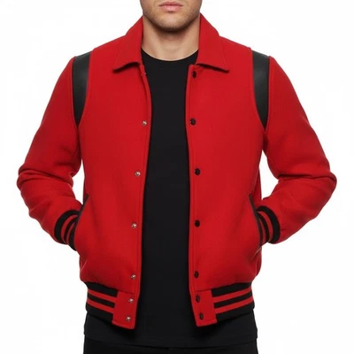 Varsity Letterman Red wool & Black leather Stripes Bomber Retro College Jacket - Image 1 of 2