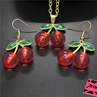Новый красный смолы фрукты вишни подвеска цепочка моды женщин ожерелье серьги комплект - Изображение 1 из 3
