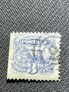 Locomotora antigua estampilla de Estados Unidos Scott #114 ilustrada usada c.1869 Bullseye cancelar - Imagen 1 de 2