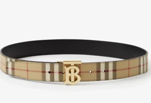 BURBERRY Check and Leather Reversible TB Belt Archive Beige Small RRP £350 #F8 - Picture 1 of 9