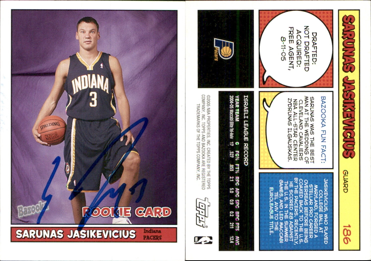 Sarunas Jasikevicius Signed 2005-06 Bazooka #186 Card Indiana Pacers Auto AU