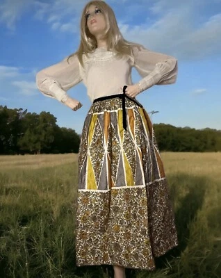 Vtg Skirt Maxi Long Cotton Flowers Velvet Bow Starline 60s Multicolor Waist 29” - Image 1 of 4