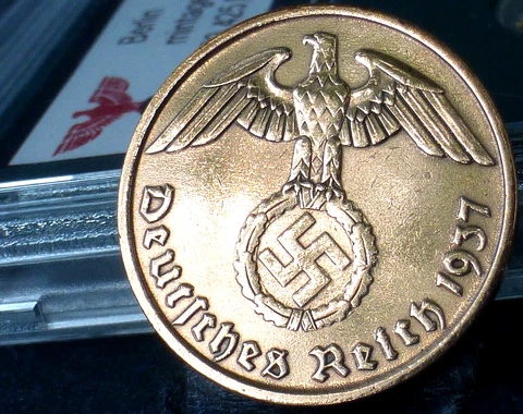 Nazi Bronze Coin - 2 Reichspfennig Third Reich Eagle WW2 Germany Info Labeled Cover