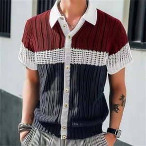 Camisa de punto informal ajustada de manga corta con botones para hombre Blusa - Imagen 1 de 6