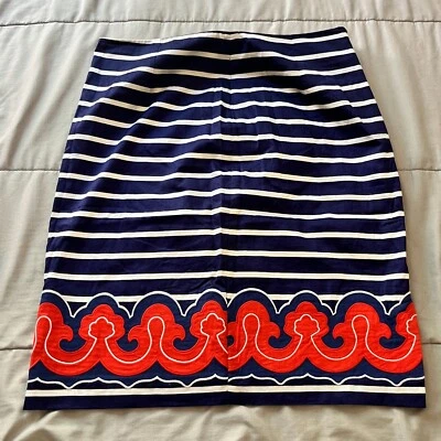 Vineyard Vines Size 4 Navy and White Stripe Skirt Orange Embroidery Hem Lined - Image 1 of 4