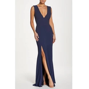 Dress the Population Gown Sandra Plunging Neck Long Formal Dress Blue Size Large - Picture 1 of 8