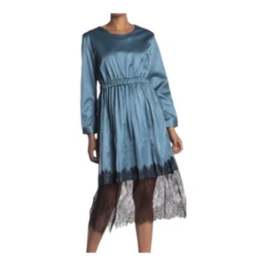 TOV Los Angeles Faux Leather PVC Dress Blue Black Lace Trim Size 44 XL - Picture 1 of 5