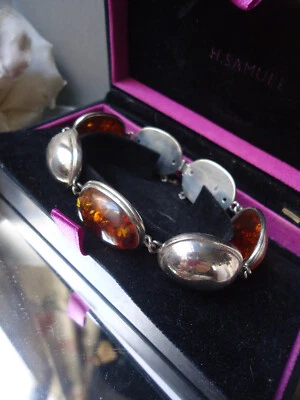 Vintage Estate Superior Baltic Natural Amber Wide Sterling Silver Link Bracelet - Imagen 1 de 4