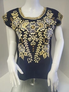 Blusa Camisa Mexicana Mujer Top Bordado Azul Marino XSMALL Blusa De Yucatán - Imagen 1 de 9