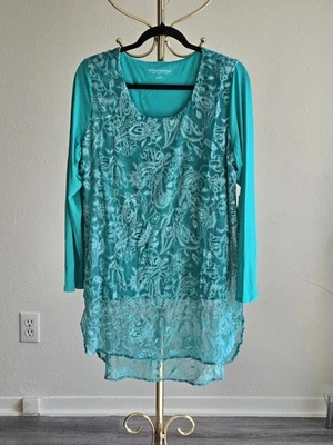 Blusa túnica para mujer Soft Surroundings mezcla de seda bordada verde azulado. Talla grande Foto 1 de 4