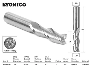 3/8" Dia. Upcut Spiral End Mill CNC Router Bit - 3/8" Shank - Yonico 31350-SC - Picture 1 of 1