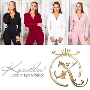 Sexy Damen Tailored Jumpsuit Langarm V-Ausschnitt Knöpfe Stretch Skinny - Bild 1 von 14