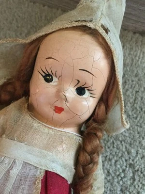 Doll Dutch Gil with Red Dress Cream Apron Bonnet Composition ? 7 1/2 in Tall - Image 1 of 4