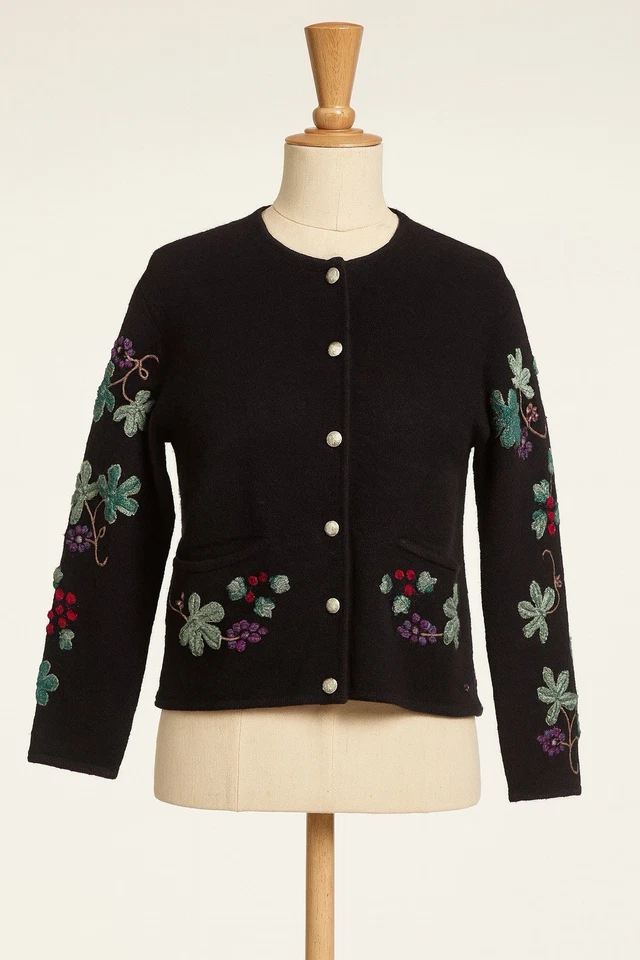 Cárdigan Suéter Vintage Negro Mujer 3G Floral Bordado Granny Core Talla M Foto 1 de 4