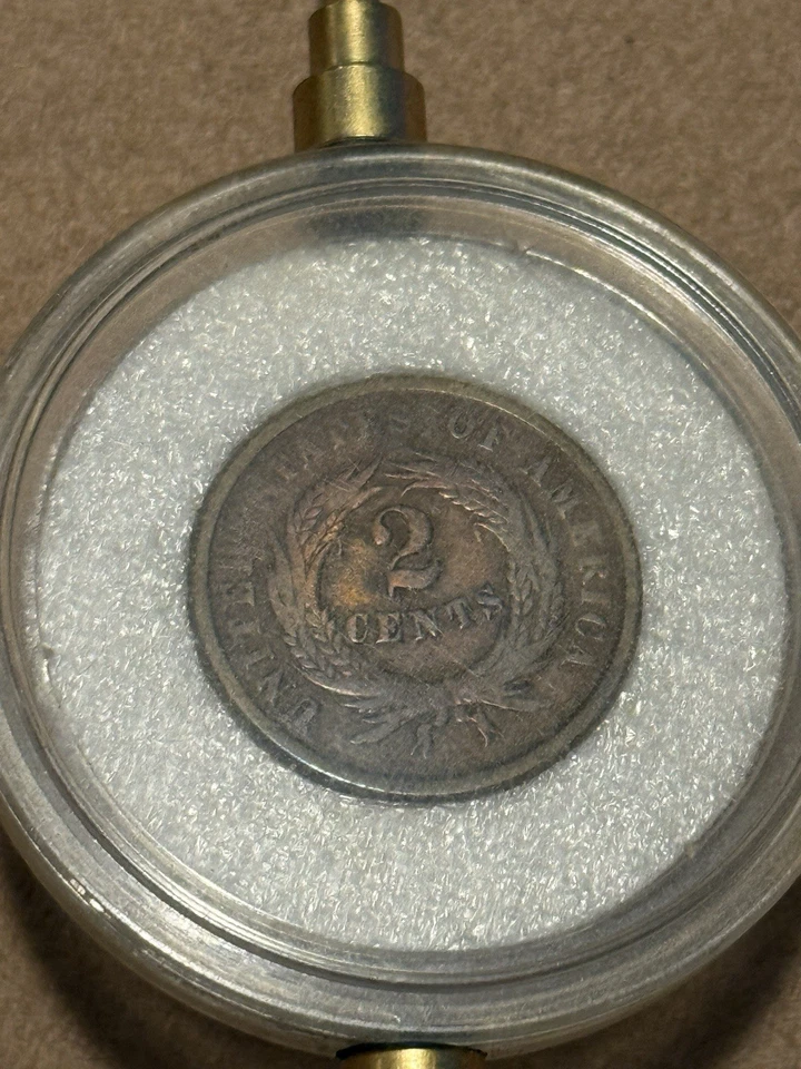 1864 LARGE MOTTO TWO CENT PIECE LOTSA FLASHY MAGENTA AND GOLDEN RED UnGraded - Image 1 of 4