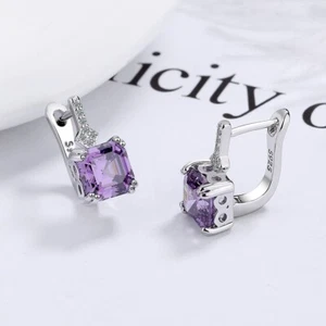 Women 925 Sterling Silver Red square zircon earrings hoop huggie charm jewelry - Picture 1 of 13