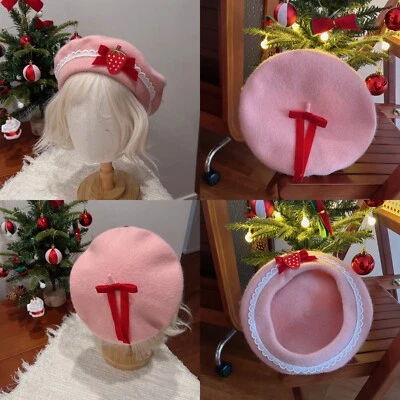 Strawberry Bowknot Hat Womens Strawberry Hat Wool Strawberry Pink Beret Hat - Image 1 of 4
