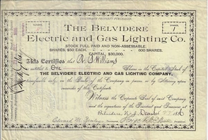 NEW JERSEY 1886 The Belvidere Electric & Gas Lighting Co Stock Certificate #4 - Picture 1 of 2