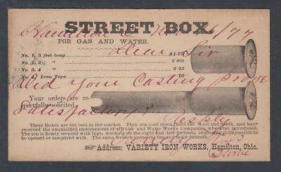 US Sc UX5 1877 Illustratrated Advertising Card, Street Box of Variety Iron Works - Image 1 of 2