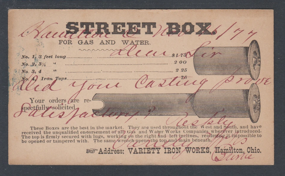 US Sc UX5 1877 Illustratrated Advertising Card, Street Box of Variety Iron Works - Image 1 of 2