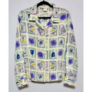 90s Watercolor Floral Grid Button Up Shirt Size M Cottage Core Botanical Print - Bild 1 von 4